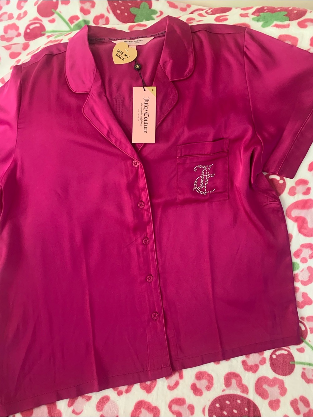 Juicy Couture Silky Satin Bling Pajama Set Raspberry Rave Large NWT - Picture 3 of 15